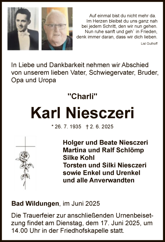 Todesanzeige von Karl Niesczeri von WLZ