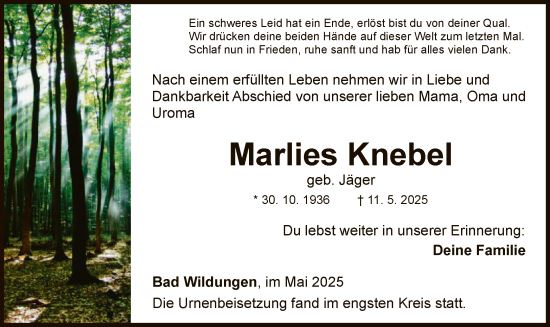 Todesanzeige von Marlies Knebel von WLZ