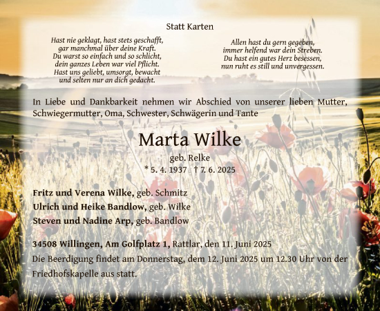 Todesanzeige von Marta Wilke von WLZ