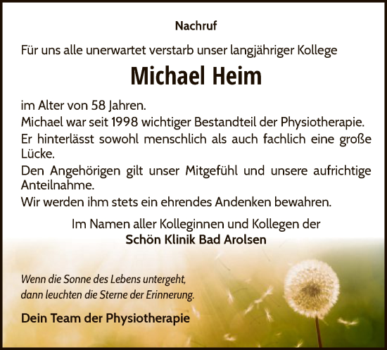 Todesanzeige von Michael Heim von WLZ