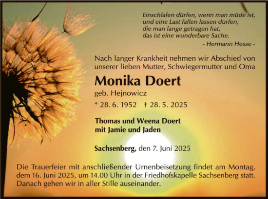 Todesanzeige von Monika Doert von WLZ