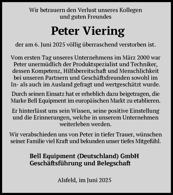 Todesanzeige von Peter Viering von WLZ
