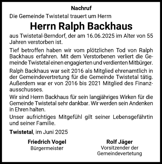 Todesanzeige von Ralph Backhaus von WLZ