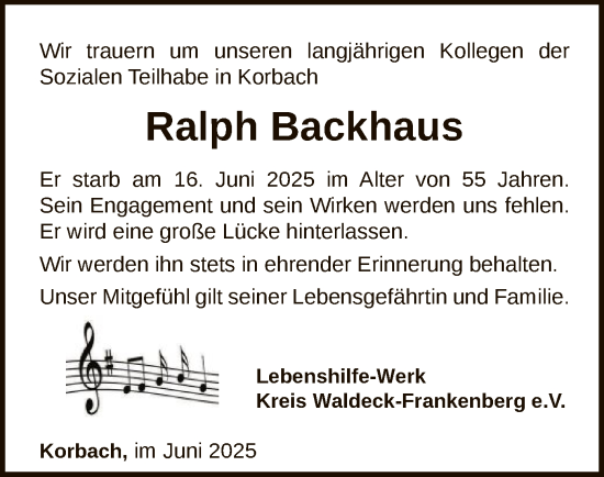 Todesanzeige von Ralph Backhaus von WLZ