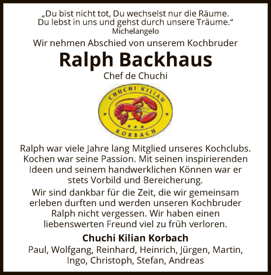 Todesanzeige von Ralph Backhaus von WLZ
