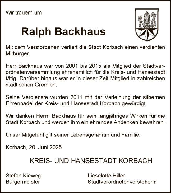 Todesanzeige von Ralph Backhaus von WLZ