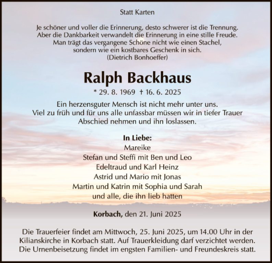 Todesanzeige von Ralph Backhaus von WLZ