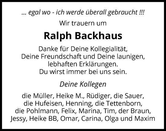 Todesanzeige von Ralph Backhaus von WLZ