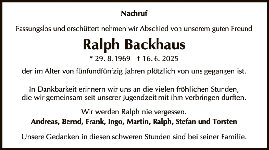 Todesanzeige von Ralph Backhaus von WLZ