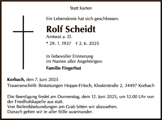 Todesanzeige von Rolf Scheidt von WLZ
