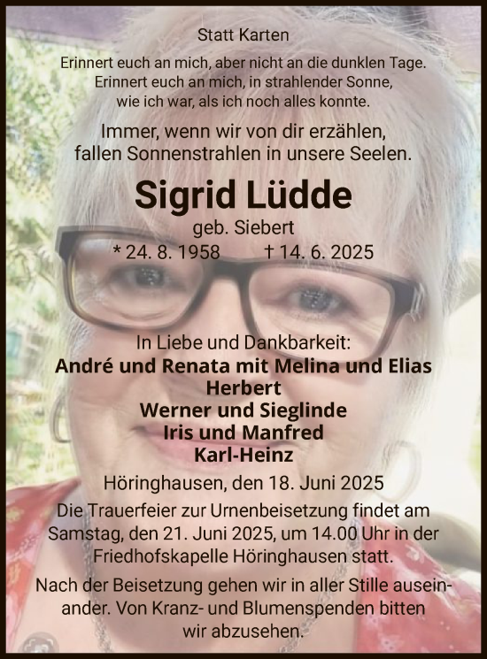 Todesanzeige von Sigrid Lüdde von WLZ
