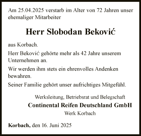 Todesanzeige von Slobodan Bekovic von WLZ