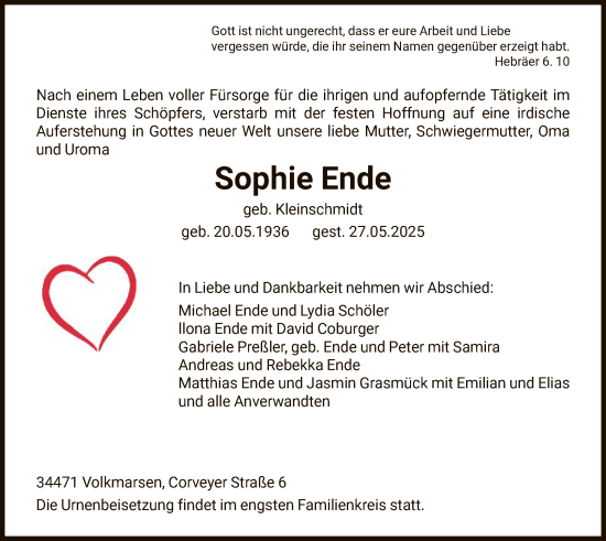 Todesanzeige von Sophie Ende von WLZ