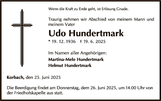 Todesanzeige von Udo Hundertmark von WLZ