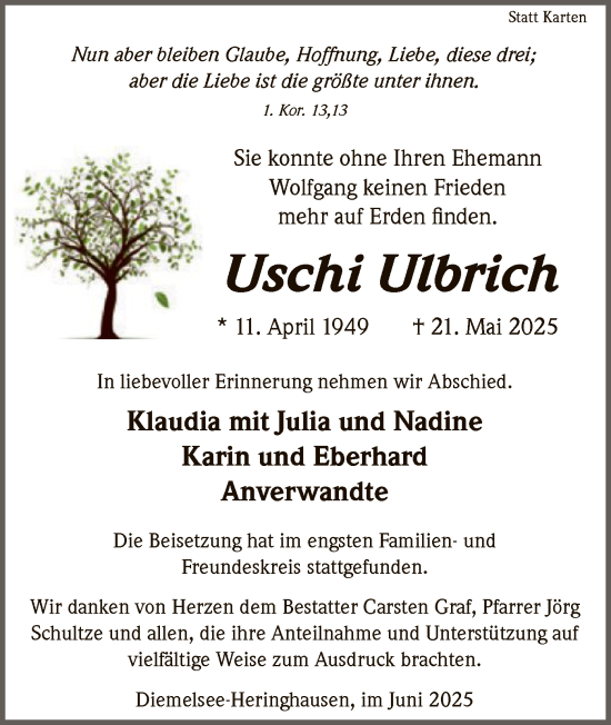 Todesanzeige von Uschi Ulbrich von WLZ