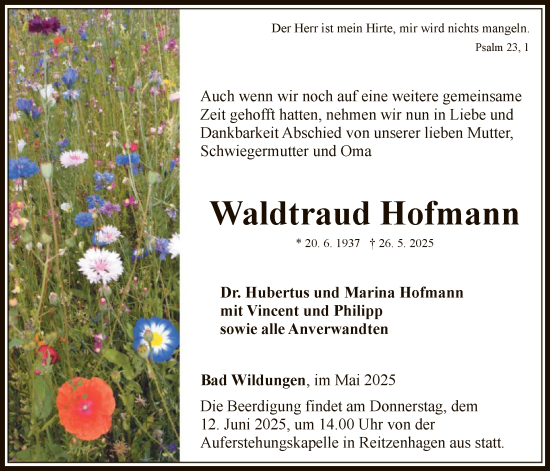 Todesanzeige von Waldtraud Hofmann von WLZ