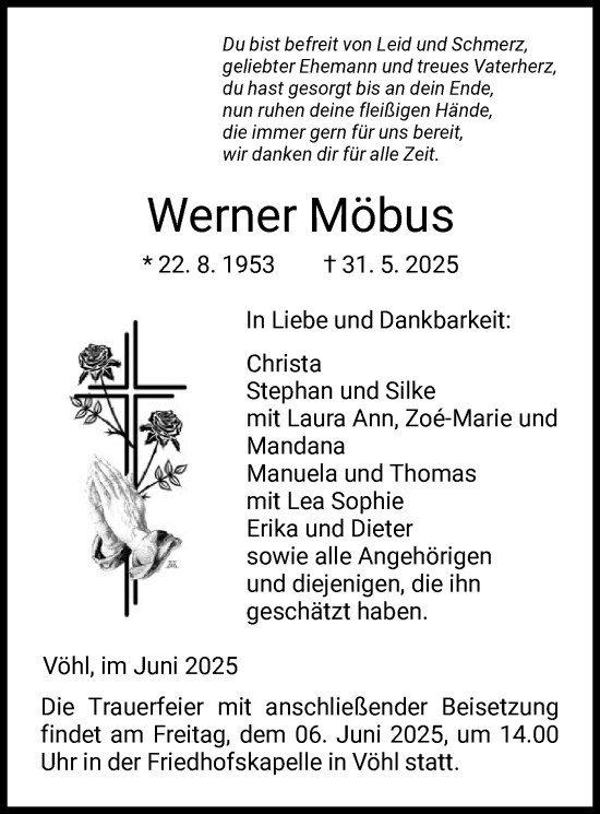 Todesanzeige von Werner Möbus von WLZ