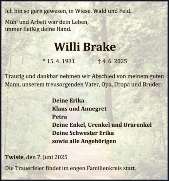 Todesanzeige von Willi Brake von WLZ