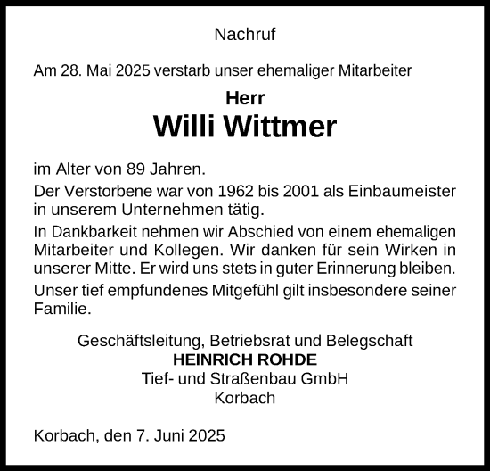 Todesanzeige von Willi Wittmer von WLZ