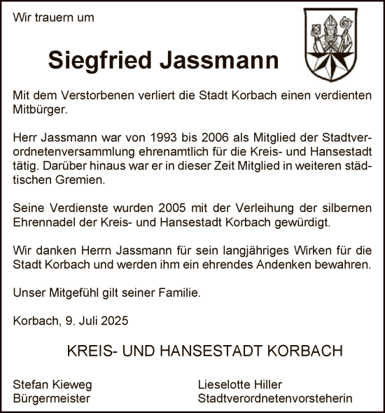 Todesanzeige von Siegfried Jassmann von WLZ