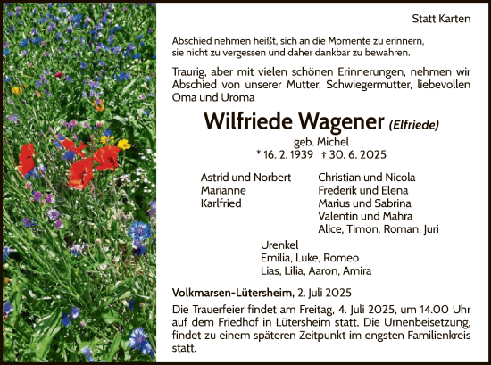 Todesanzeige von Wilfriede Wagener von WLZ