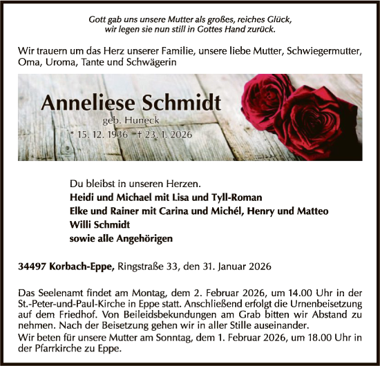 Todesanzeige von Anneliese Schmidt von WLZ