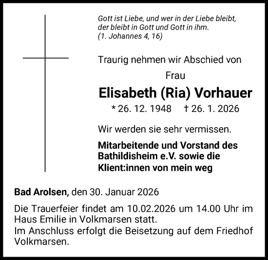 Todesanzeige von Elisabeth Vorhauer von WLZ