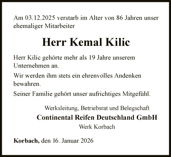 Todesanzeige von Kemal Kilic von WLZ