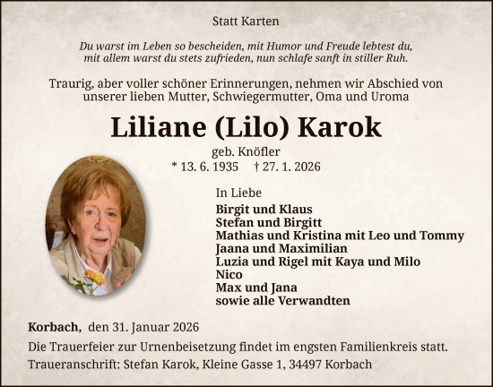 Todesanzeige von Liliane Karok von WLZ