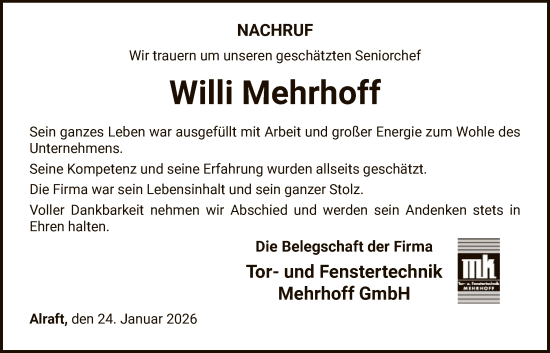 Todesanzeige von Willi Mehrhoff von WLZHNA