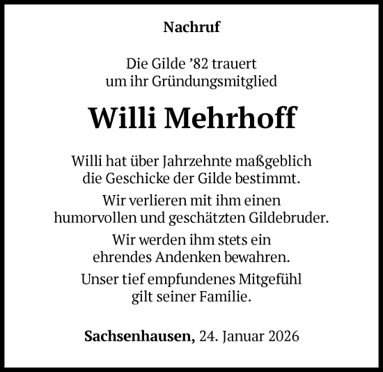 Todesanzeige von Willi Mehrhoff von WLZ