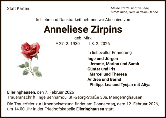Todesanzeige von Anneliese Zirpins von WLZ