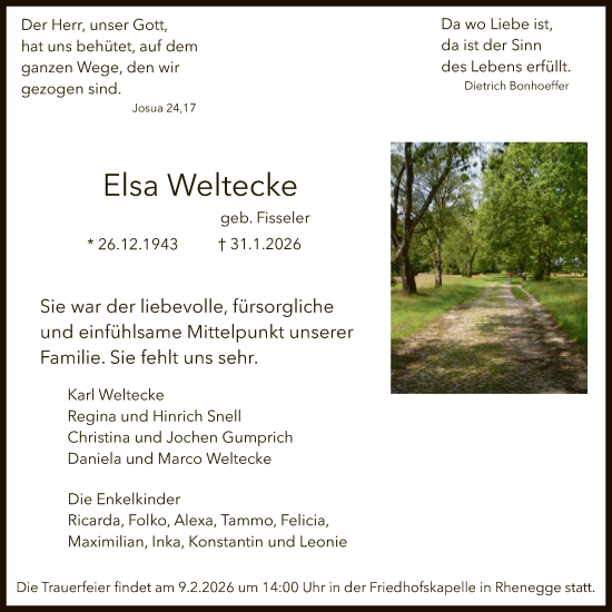 Todesanzeige von Elsa Weltecke von WLZ