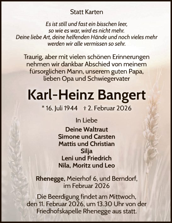 Todesanzeige von Karl-Heinz Bangert von WLZ