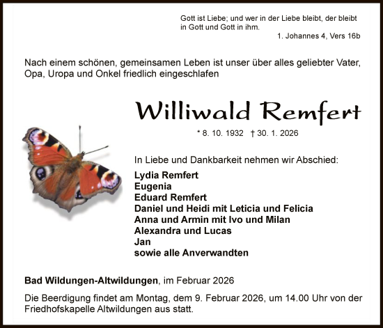 Todesanzeige von Williwald Remfert von WLZ