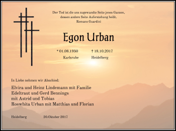 Todesanzeige von Egon Urban von Heidelberg.Trauer.de