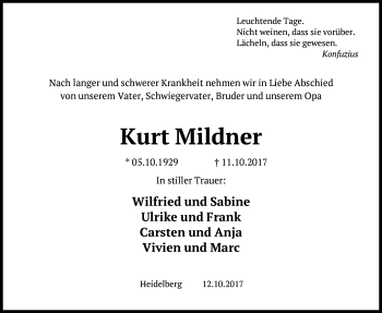 Todesanzeige von Kurt Mildner von Heidelberg.Trauer.de