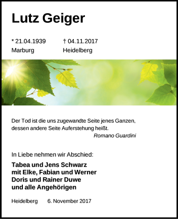 Todesanzeige von Lutz Geiger von Heidelberg.Trauer.de