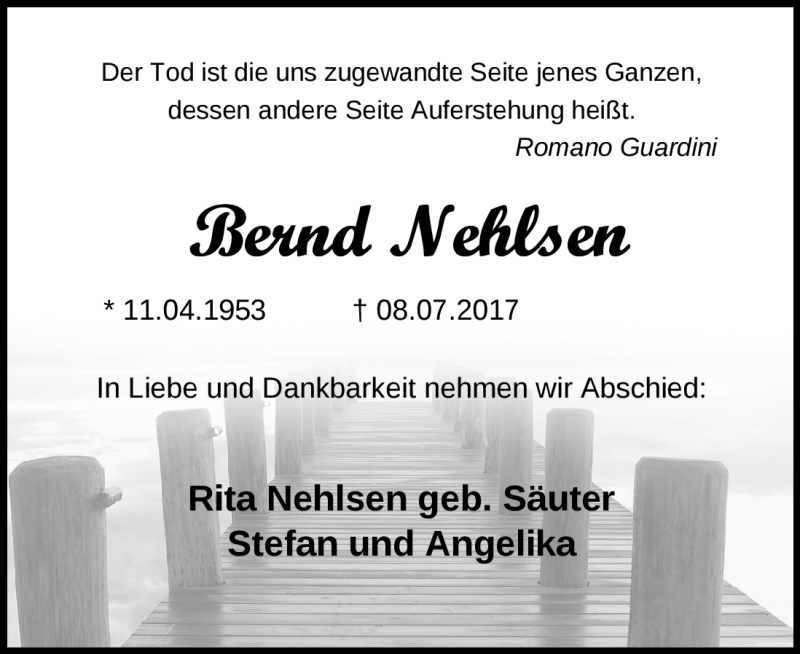  Traueranzeige für Bernd Nehlsen vom 14.07.2017 aus Heidelberg.Trauer.de