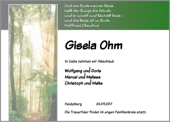 Todesanzeige von Gisela Ohm von Heidelberg.Trauer.de