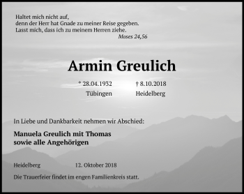 Todesanzeige von Armin Greulich von Heidelberg.Trauer.de