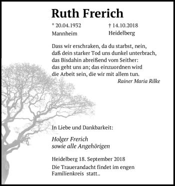 Todesanzeige von Ruth Frerich von Heidelberg.Trauer.de