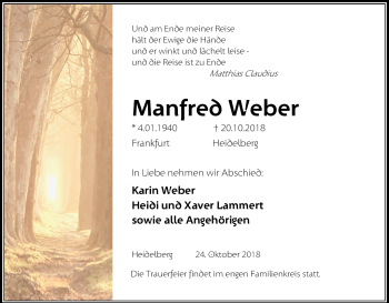 Todesanzeige von Manfred Weber von Heidelberg.Trauer.de