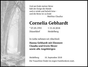 Todesanzeige von Cornelia Gebhardt von Heidelberg.Trauer.de