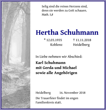Todesanzeige von Hertha Schuhmann von Heidelberg.Trauer.de