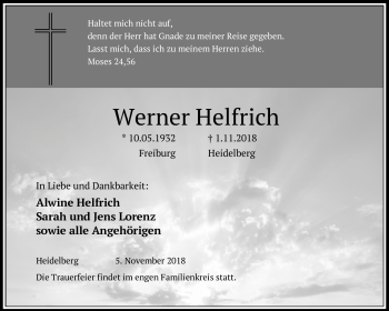 Todesanzeige von Werner Helfrich von Heidelberg.Trauer.de