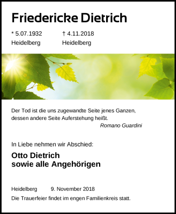 Todesanzeige von Friedericke Dietrich von Heidelberg.Trauer.de