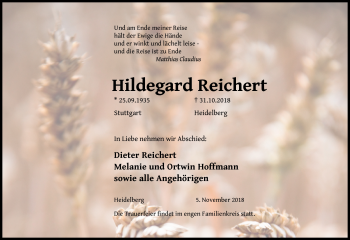 Todesanzeige von Hildegard Reichert von Heidelberg.Trauer.de