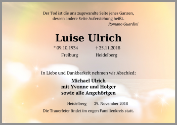 Todesanzeige von Luise Ulrich von Heidelberg.Trauer.de