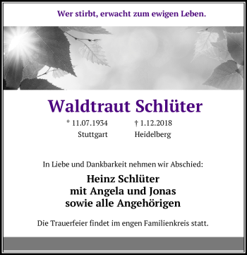 Todesanzeige von Waldtraut Schlüter von Heidelberg.Trauer.de